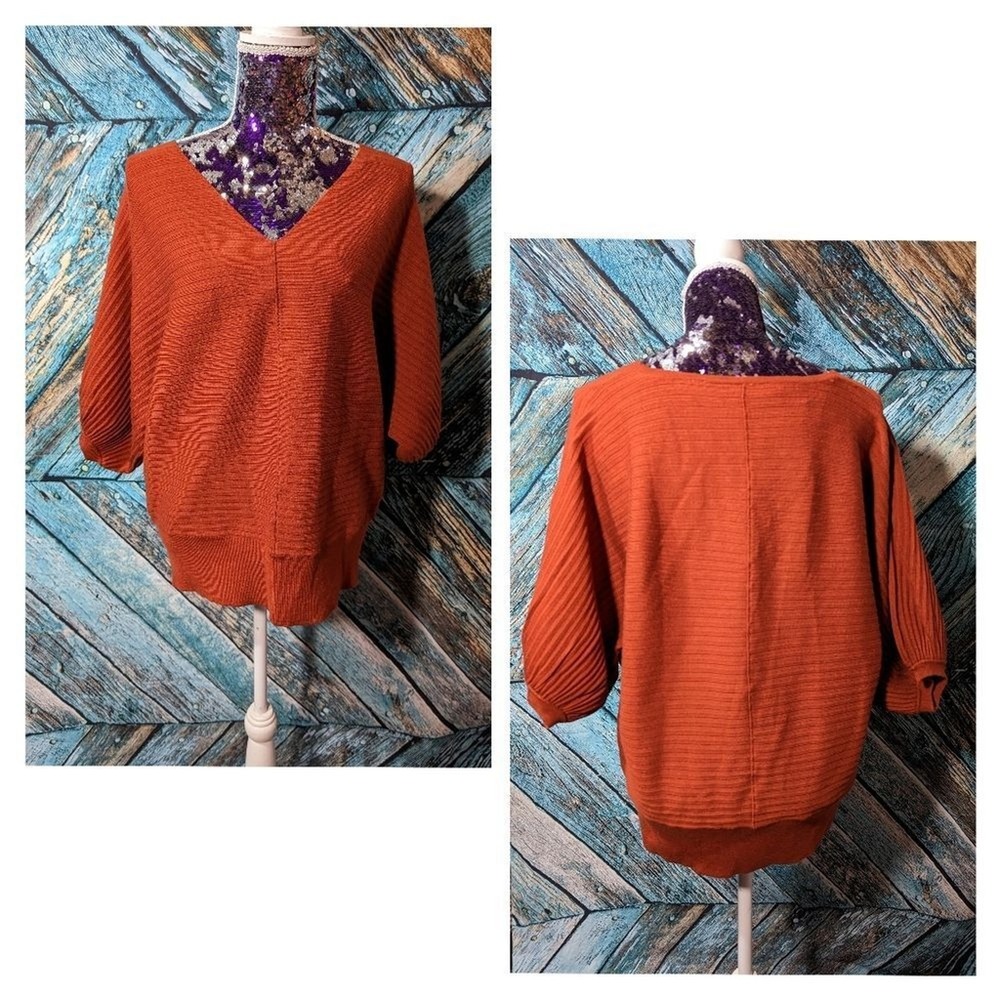 Quiet Luxury Terracotta V Neck‎ Textured Puff Sleeve Sweater Tahari Medium